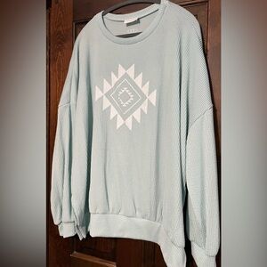 Light Blue Ribbed Fabric Split Seams Oversized Top with Aztec Design NWOT 2X